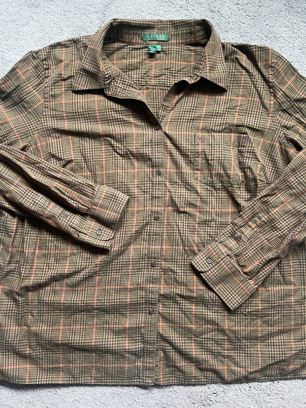 Lauren Ralph Lauren Brown and Orange micro Plaid cotton Button-Down Shirt 3X